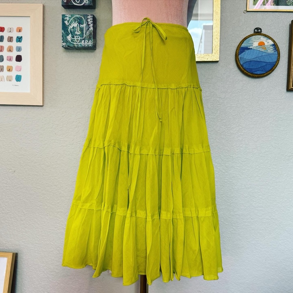 Midi Length Neon Green Silk and Cotton Tiered Skirt with Tie Waist
